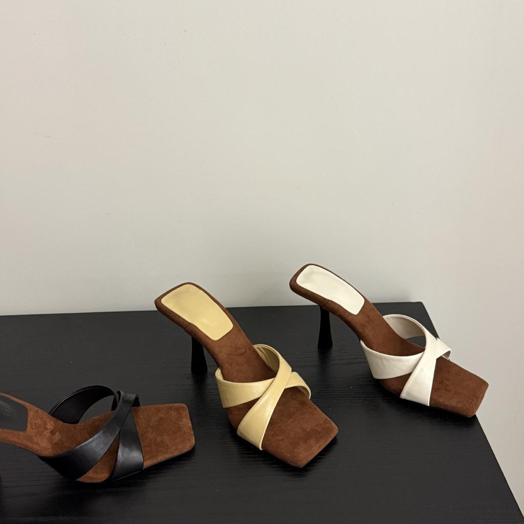 European and American style square head cross belt color matching one-word slippers 2025 summer new open-toed stiletto high-heeled cool slippers