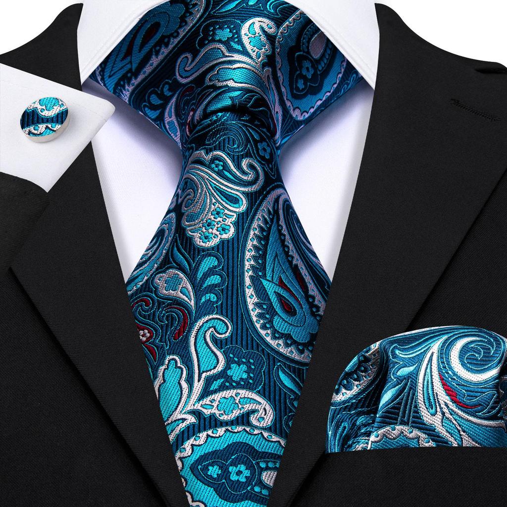 Barry.Wang Krawatten-Taschentuch-Manschettenknöpfe-Set, exquisites, saphirblaues Muster, Jacquard-Gewebt, Hochzeit