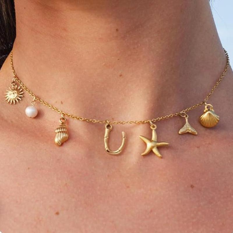 Charm Gold Color A-Z Pendant Alphabet Choker Necklace Women Shell Conch Starfish Initial Letter Necklaces Boho Beach Jewelry
