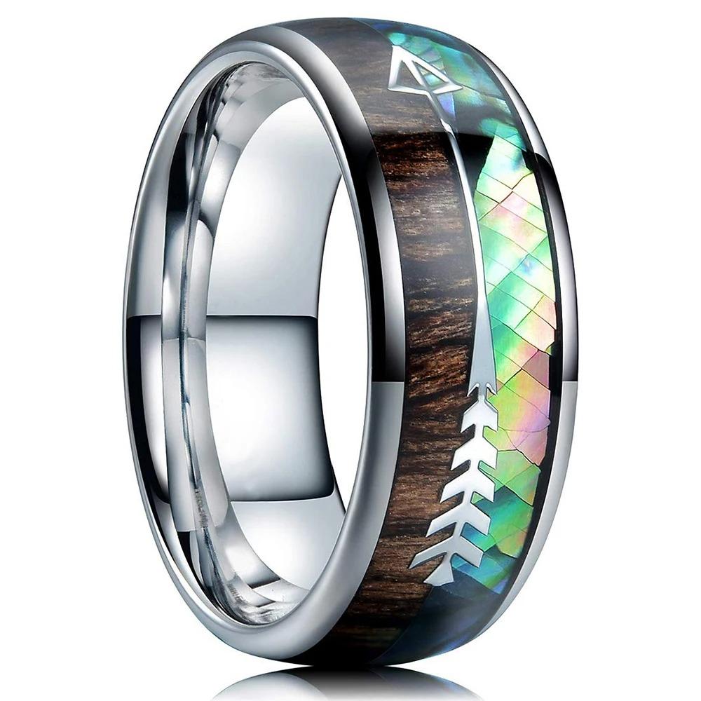 Mode 8mm Herren Edelstahl Pfeil Ringe Einlage Regenbogen Abalone Muschel Koa Holz Ringe für Herren Damen Ehering Schmuck Geschenk