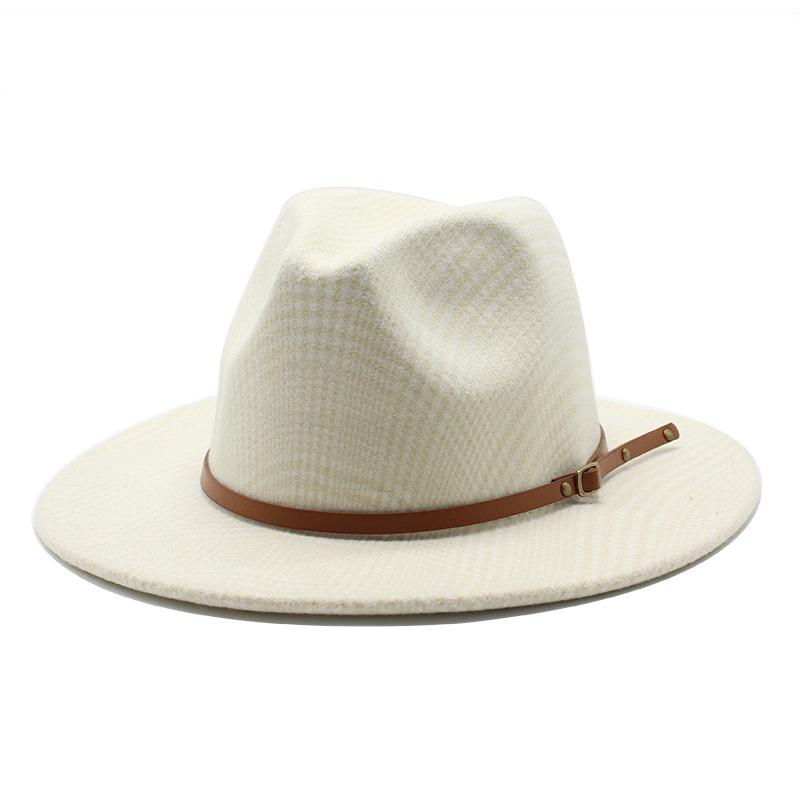 

Top Hat Big Eave Hat Men S And Women S Flat Rim Hat British Classic Jazz Hat Plaid Wool Hat M（56-58cm） молоко, білий колір
