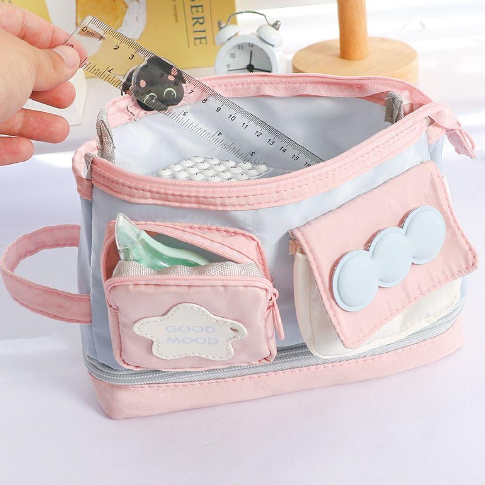 New Contrast Color Pen Bag Handheld Large Capacity Pencil Case Zipper Design Stationery Bag School Office