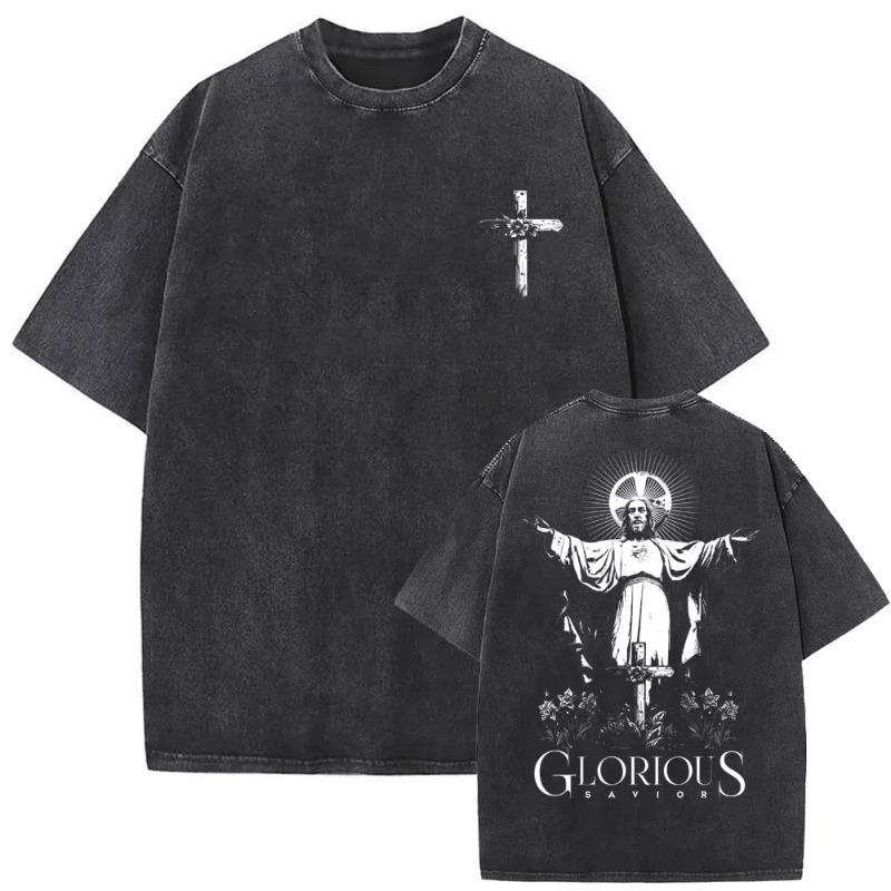 Christian Religious Series Jesus Vintage Washed T-shirt Men Women Gothic Rock Oversized Short Sleeve T Shirts Hip Hop Streetwear
