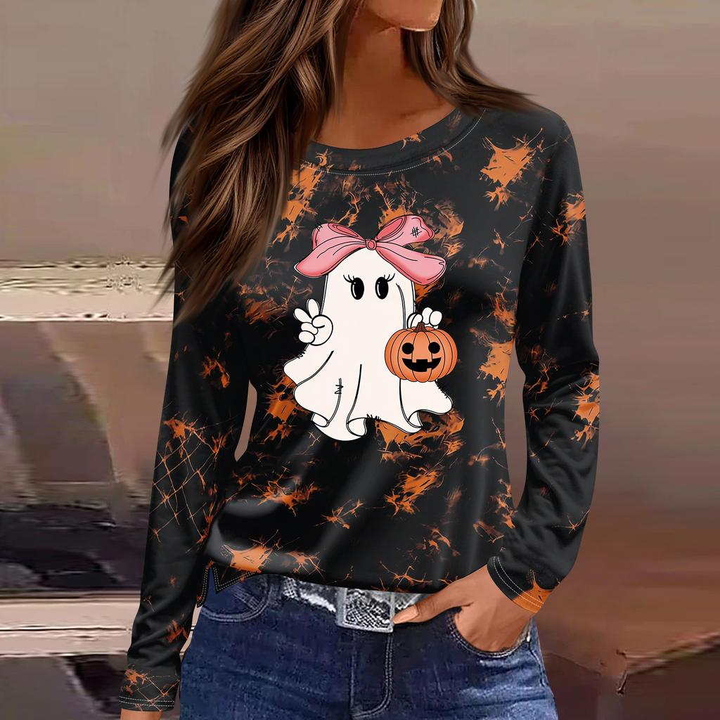 Women's Fashion Long Sleeve Top with Halloween Print and Side Slits, Round Neck