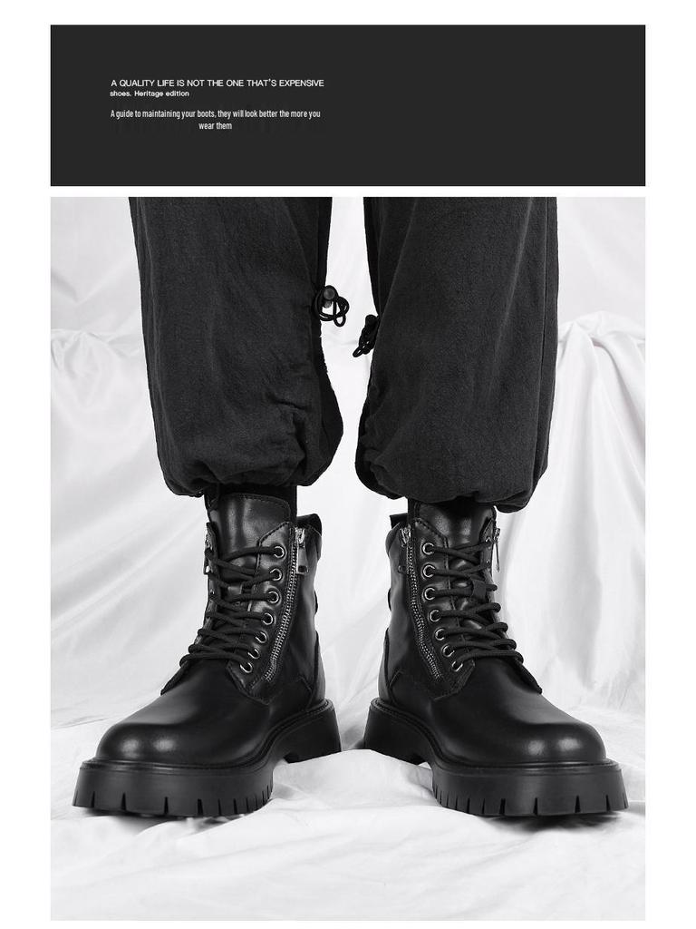 2024 Men's Mid-Cut Height-Enhancing Martin Boots with Soft Side Zipper - British Workwear Style High-Tops