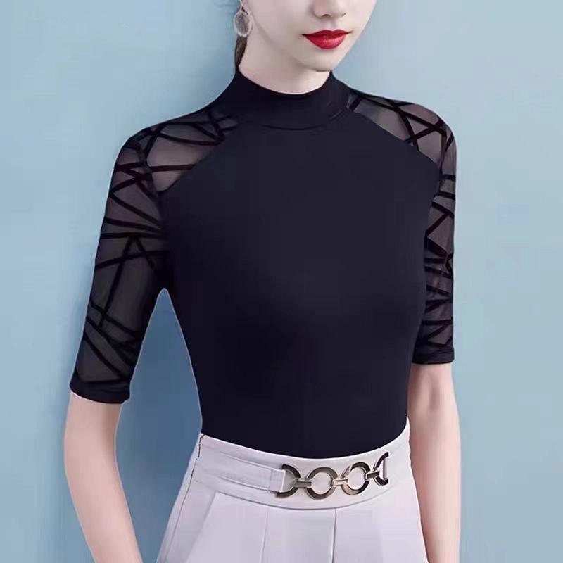 Five-point Sleeve T-shirt Women's Hollow Black Slim Shirt Half High Neck Fashionable Versatile Top