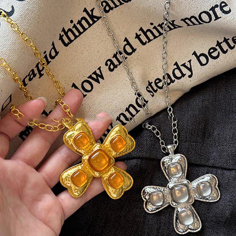 Colier Pandantiv Cruce Metalică Rășină Galbenă Transparentă Stil Retro Lanț Gât Pentru Femei Bărbați Cuplu