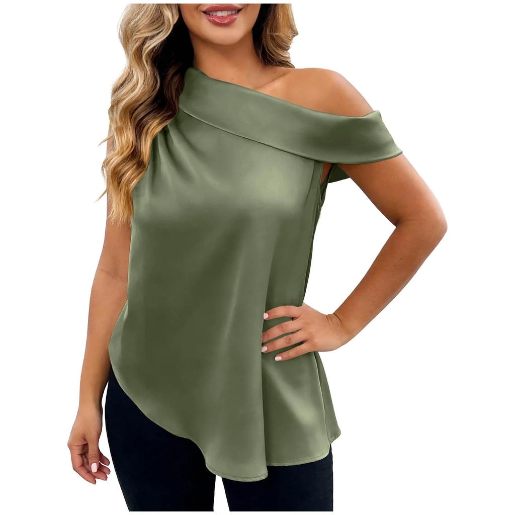Women’s Fashionable Casual Plain Off-the-Shoulder Satin Sleeveless Asymmetrical Hem T-Shirt Top
