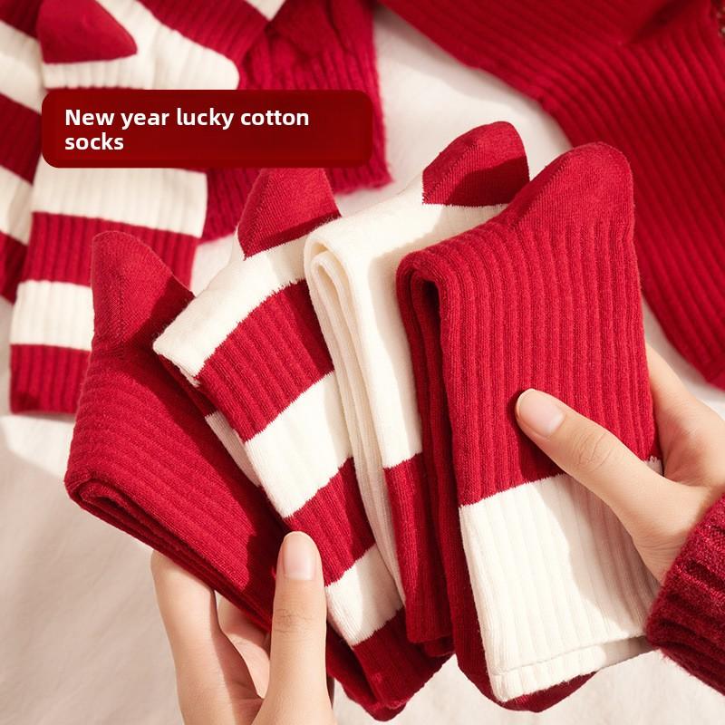 Female Autumn and Winter Thickened All Take This Year Marriage Red Tube Cotton Socks