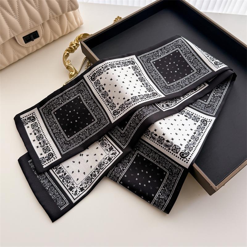 Women Satin Vintage Paisley Printed Design Scarf Shawl Fashion Luxury Long Narrow Small Scarves Ladies Headband Headscarf
