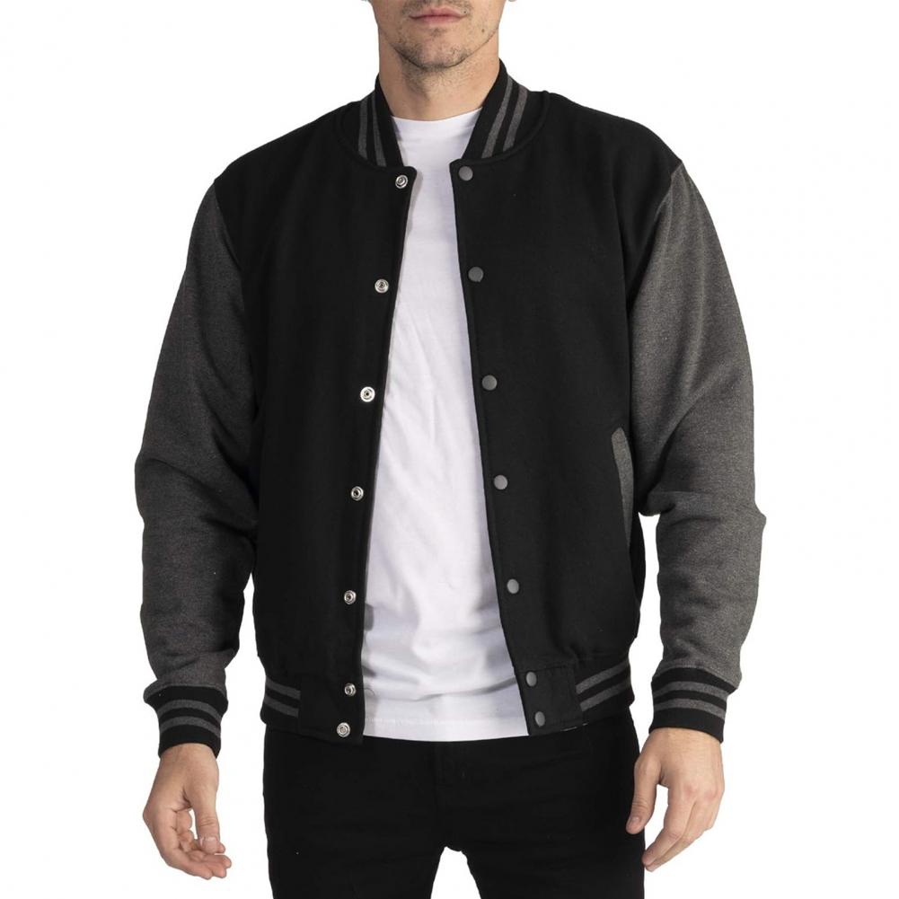 Men Baseball Jacket Stand Collar Long Sleeve Buttons Closure Patchwork Color Coat with Pockets Autumn Winter Fleece Lining Casua