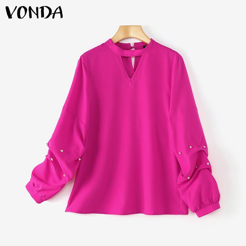 VONDA Women Fashion Stand Collar Long Sleeve Solid Color Blouses