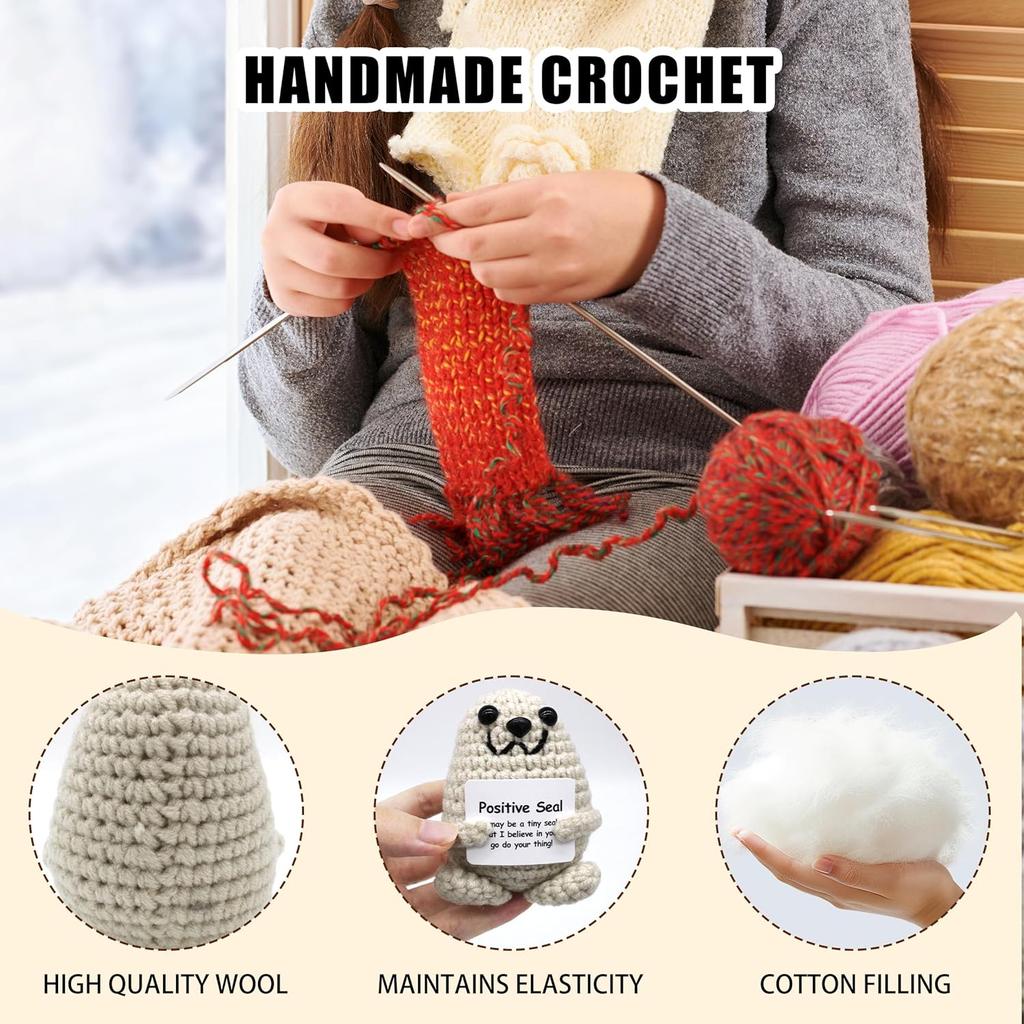 Handmade Positive Seal Doll With Card Home Decoration Knitted Seal Christmas Doll Ornament Room Decor Christmas Party Gift