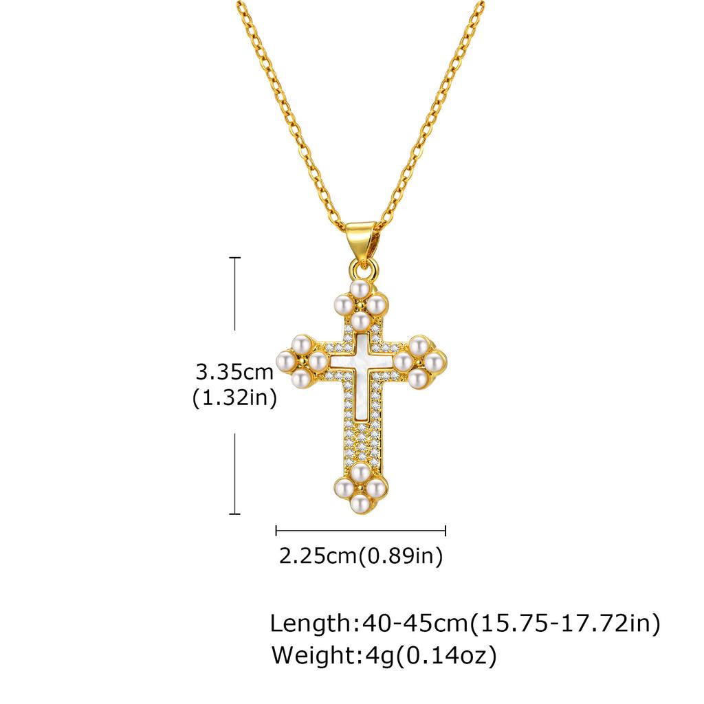 Copper Zircon White Shell Cross Four-Leaf Clover Round Card Wind Pendant Necklace Gold Pnb-351