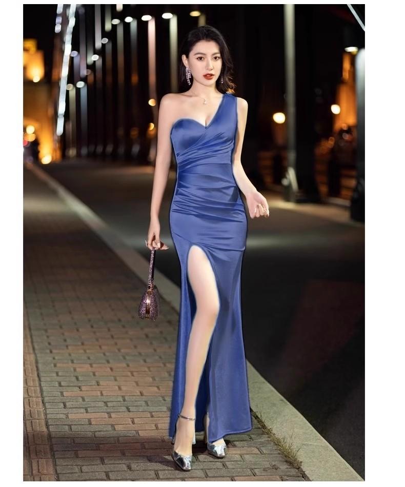 Single shoulder evening dress slim-fitting night wear spa technician night main store sexy split dress fishtail long
