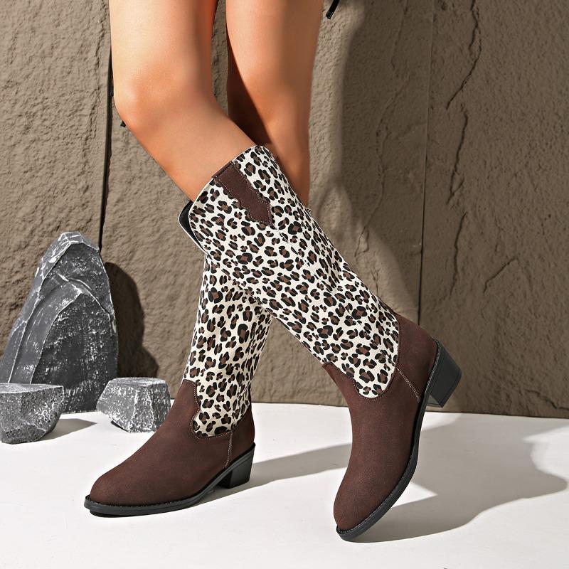 Fashion Plus Size Western Cowboy Boots Women's Retro Fall New Pointed Toe Mid-Tube Leopard Print Paneled Knight Boots