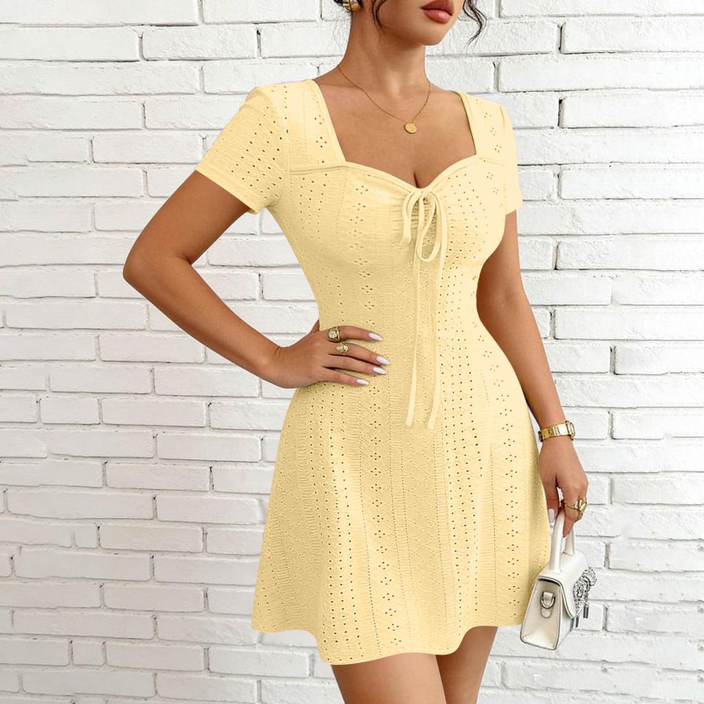 Women’s Short Sleeve Square Neck Eyelet Dress with Adjustable Front Tie and Fitted Waist Casual A Line Mini Sundress