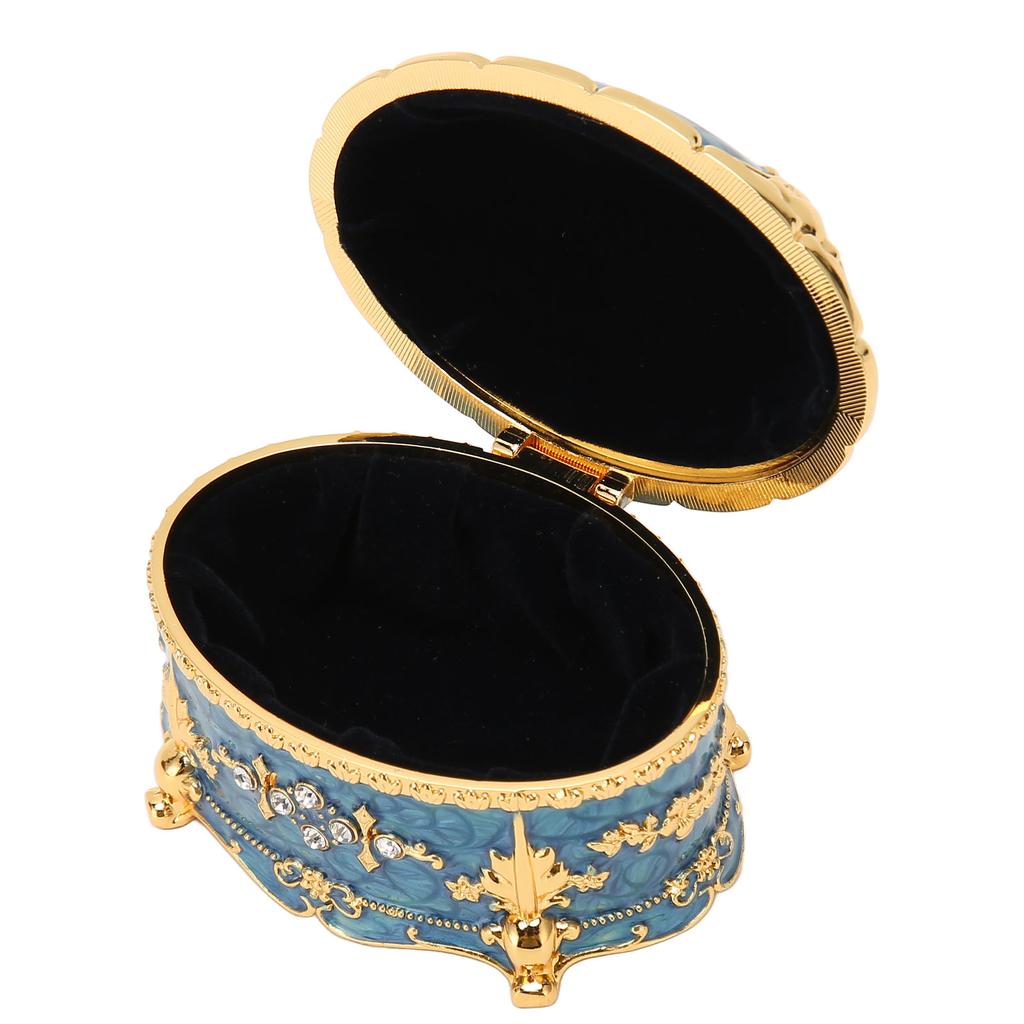 Oval Rhinestone Jewelry Box Ring Retro Engraved Earrings Necklace Storage Organizer Box Gold Edge Royalblue
