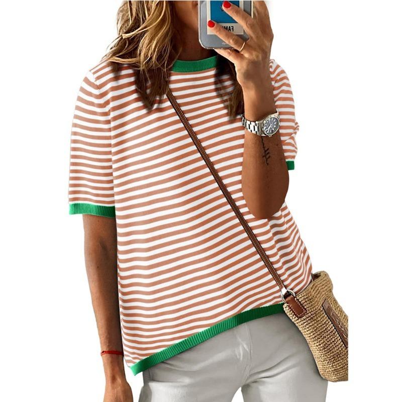 Women's Summer New Round Neck Striped Collision Colour Short Sleeve Casual Jumper