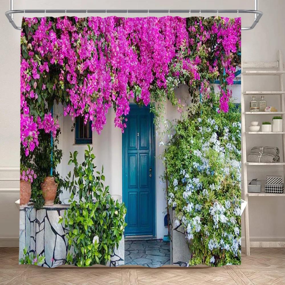 Fence Flowers Shower Curtains Blue Window Nature Floral Plants Scenery Modern Garden Wall Hanging Home Bathroom Decor with Hooks