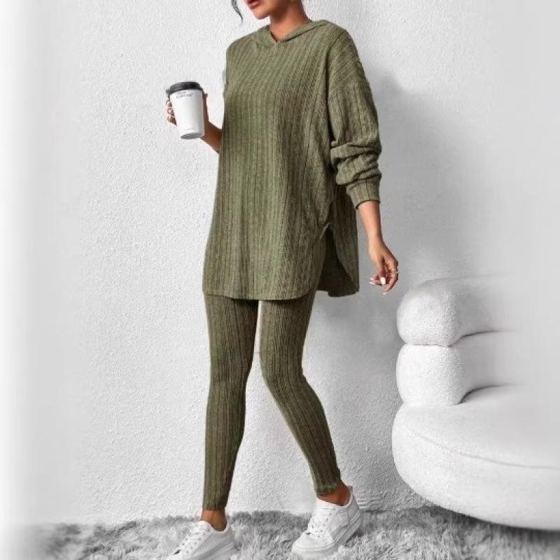 Completo da Loungewear da Donna a Coste con Felpa con Cappuccio Oversize e Spacco Laterale + Leggings Completo 2 Pezzi Morbido Casual Abbigliamento per la Casa Tuta