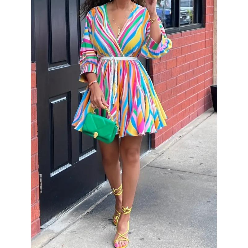 

women s Multicolor Striped High Waist Mini Dress 3/4 Sleeve V Neck Casual Party Sundress S разноцветный
