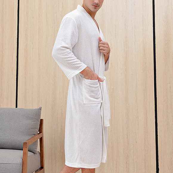 Unisex Home Water-absorbing Quick-drying Simple Home Couple Nightgown Solid Color Lace-up Long Nightgown Bathrobe