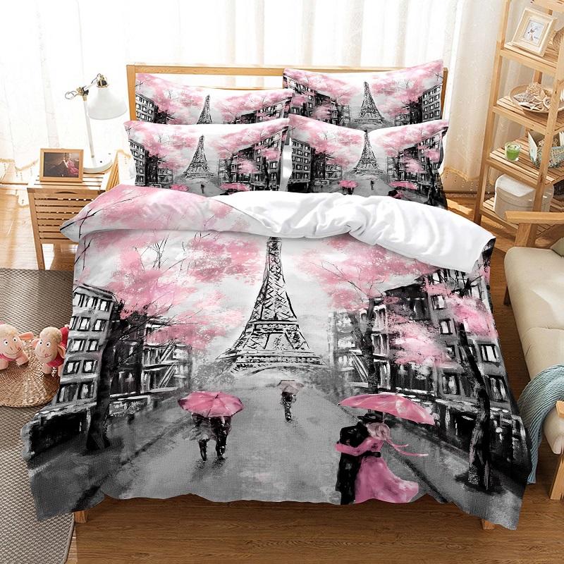 Set Biancheria da Letto Matrimoniale Cotone Torre Eiffel - Fantasia 3 Pezzi con Federe per Piumino Matrimoniale e Federe per Cuscini, Ideale per Letti di Coppia