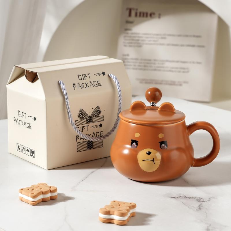 Creative Cartoon Ceramic Cup With Lid High Value Household Couple Water Cup Gift Box With Hand Gift Style