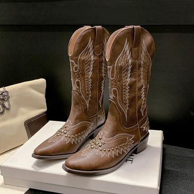 Autumn and Winter New Retro Western Cowboy Boots Thick Heel Pointed Head Rivet Women's Medium Tube Boots V-mouth Embroidered Knight Boots Tide