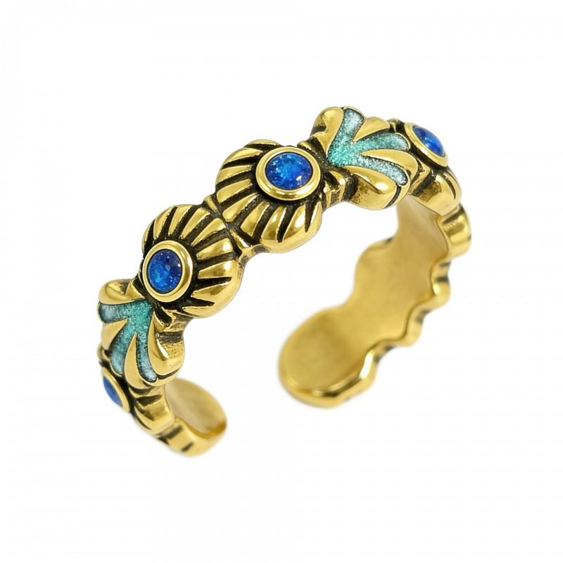 Adjustable Open Ring Women Men Vintage Atlantis Black Gold Tone Copper With Shell Geometric Design Adjustable Open Band