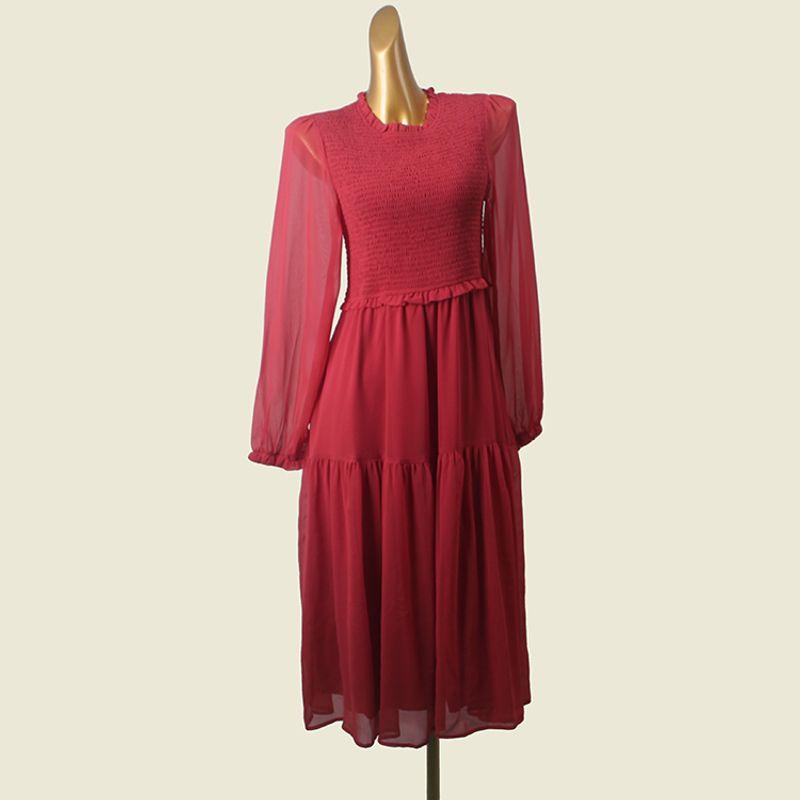 

Elastic Pleated Slim Fit Long Dress Tree Fungus-like Lacework Slim Fit Long Sleeves Patchwork French Export Dress Red M
