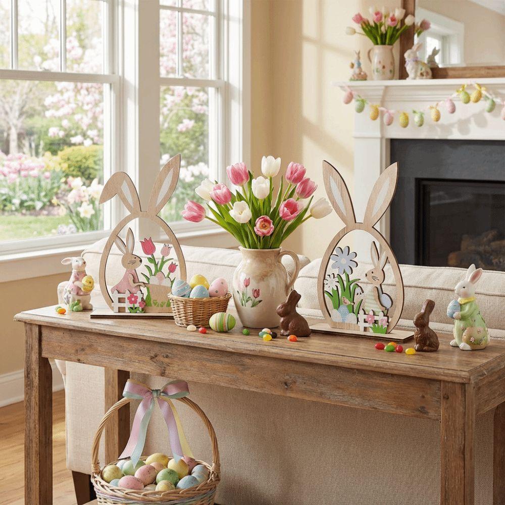 2Pcs Farmhouse Rustic Wooden Easter Rabbit Hand-Painted Easter Table Decor  Spring Festival