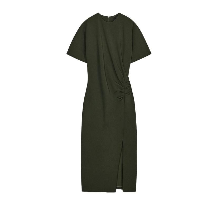 Spring New Women's Clothing Simple European and American Style Long Ruched Midi Skirt Short Sleeve Round Neck Dress 1058153