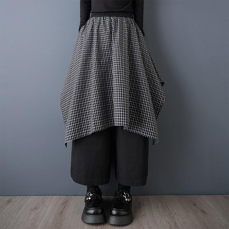Black plus size vintage plaid Spring Autumn High Waist wide leg Skirt Pants Women Loose Casual Trousers