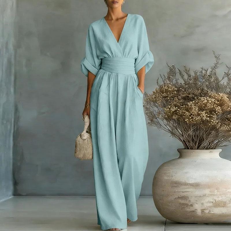 2026 Diepe V-hals Dames Jumpsuits Elegante Effen Hoge Taille Rompers Casual Wijde Pijpen Broek Zak Overalls Vakantie Outfit Los