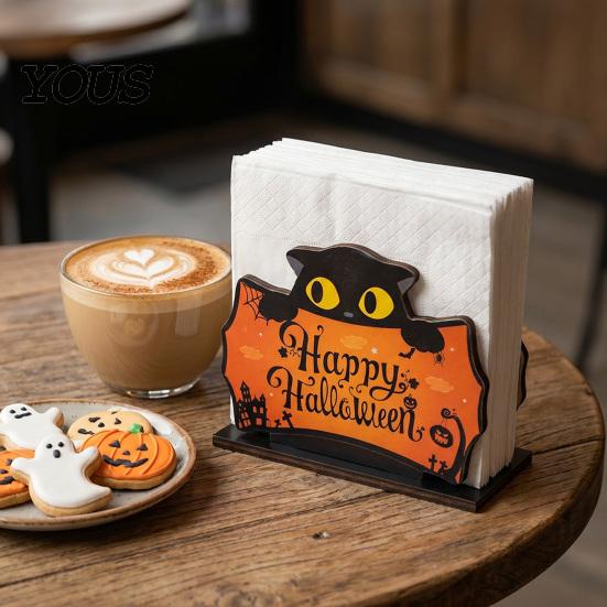 Solid Wood Paper Organizer Halloween Ghost/Cat Wooden Napkin Holder, Cute Towel Decorative Holiday Party Dining Accessories Stand, Freestanding Tissue