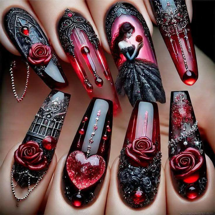 Valentine s Day Gothic Wine Red Heart-Shaped False Nails - 24 Piece Set