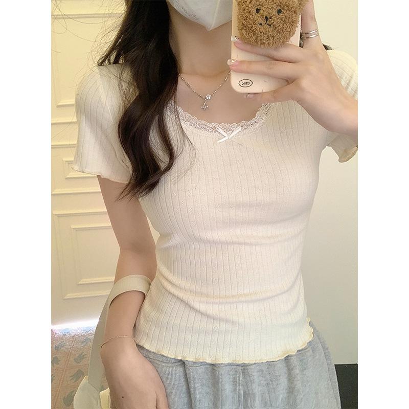 Ballet Style Pure Desire Lace U-neck T-shirt Women's Summer New Retro Short-sleeved Curled Bottoming Shirt Top