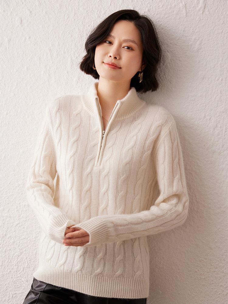 Women's Thickened Cashmere Stand Collar Cable Knit Zipper Sweater - Soft, Warm, Autumn/Winter Casual Wear