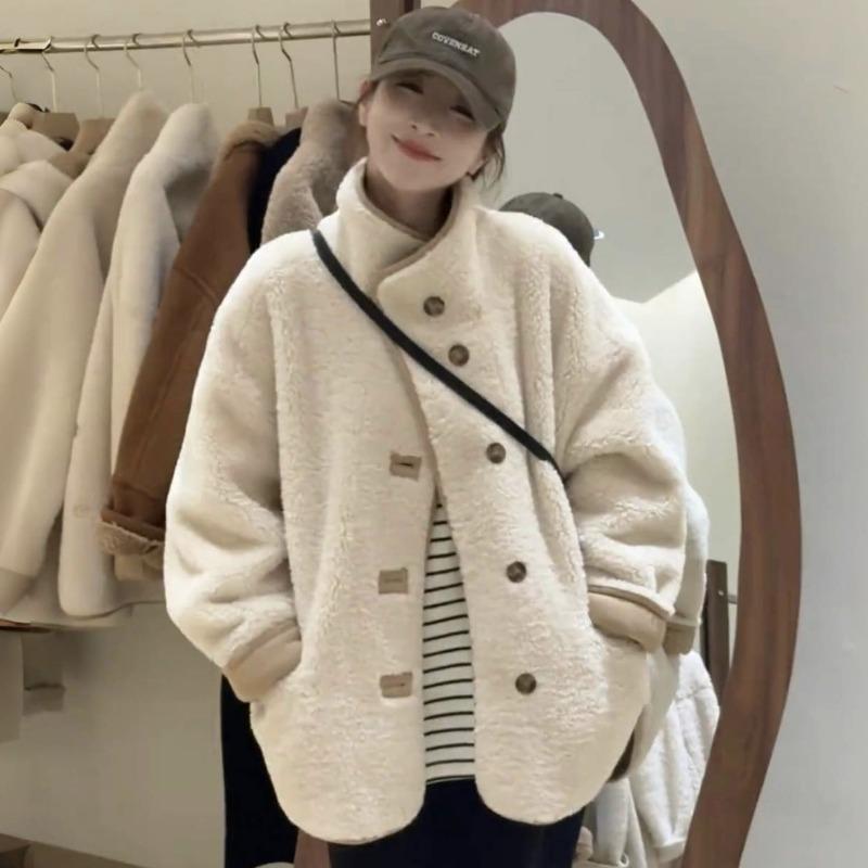 Niche design medium and long stand-up collar plush jacket, new warm top for women in autumn and winter