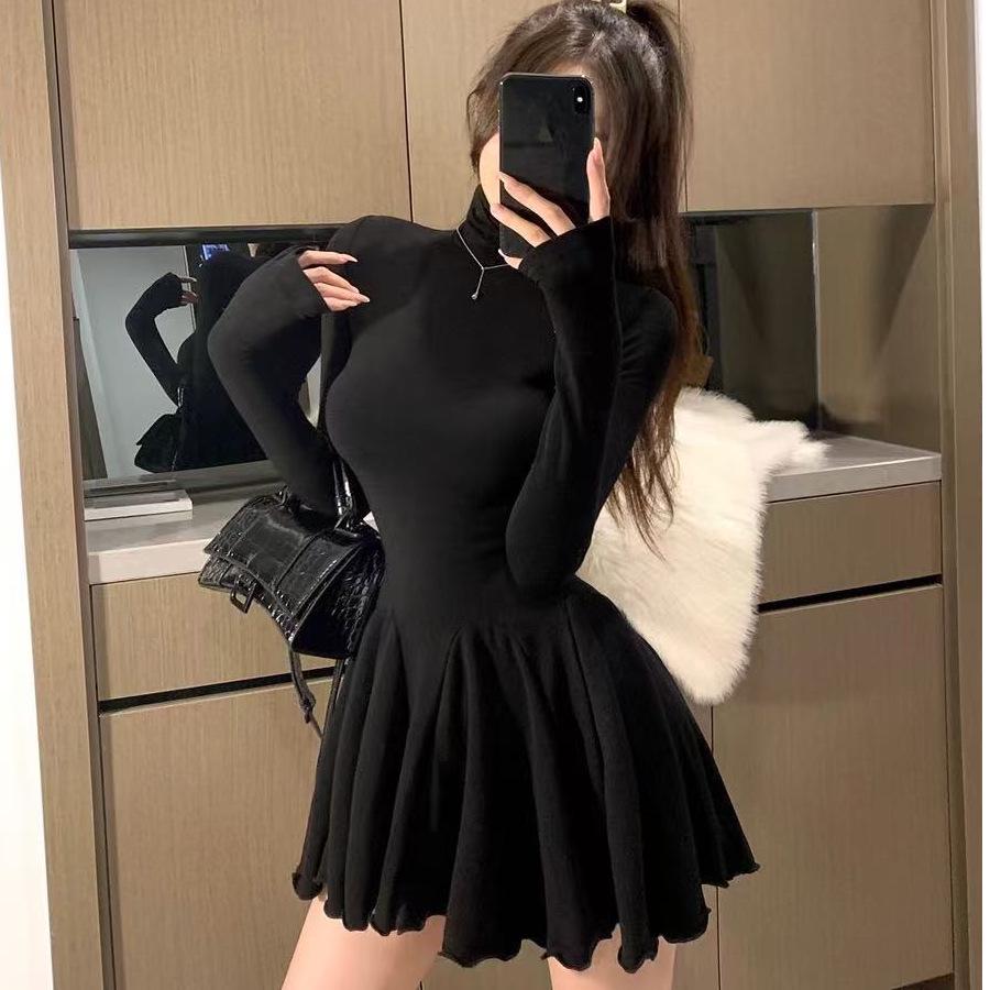 Women s Autumn/Winter High Neck Waist-Cinched Slimming Dress with Puffy Skirt & Long Sleeves Default