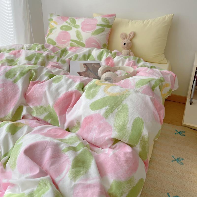 

Korean Style Tulips Cute Bedding Set For Girls Bed Linen New Skin Friendly Fresh Flora Printed Washed Cotton Duvet Cover Set 150x200 3pcs