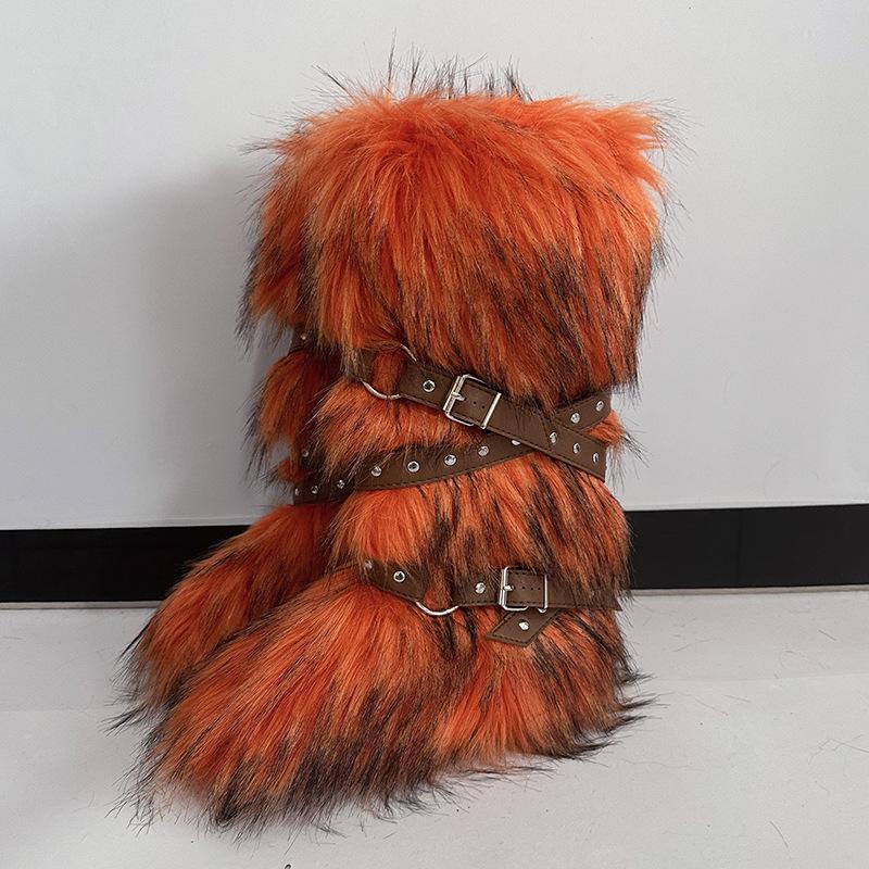 Damen Winterimitat Fuchsfell Stiefel Gürtel Punk Europäisch und Amerikanisch hoher Schaft 40 langer Schaft Schneestiefel Schuhe