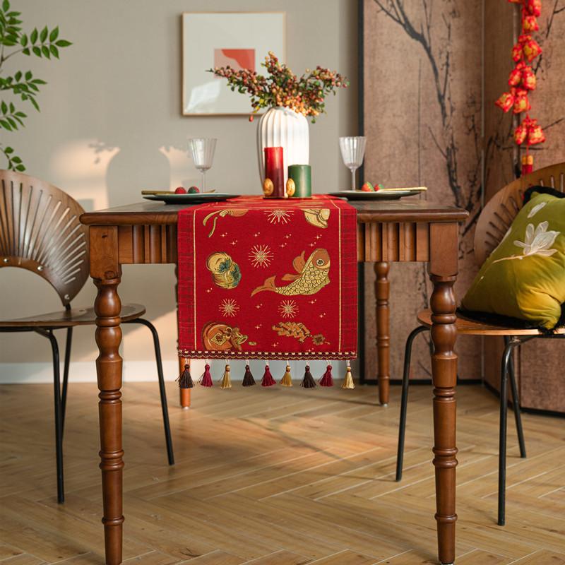 

Праздничная скатерть жаккардового плетения с декоративным цветным узором для обеденного стола, красная с иероглифом «Благословение», скатерть для кофейного столика, праздничный новогодний настольный флаг 35X140