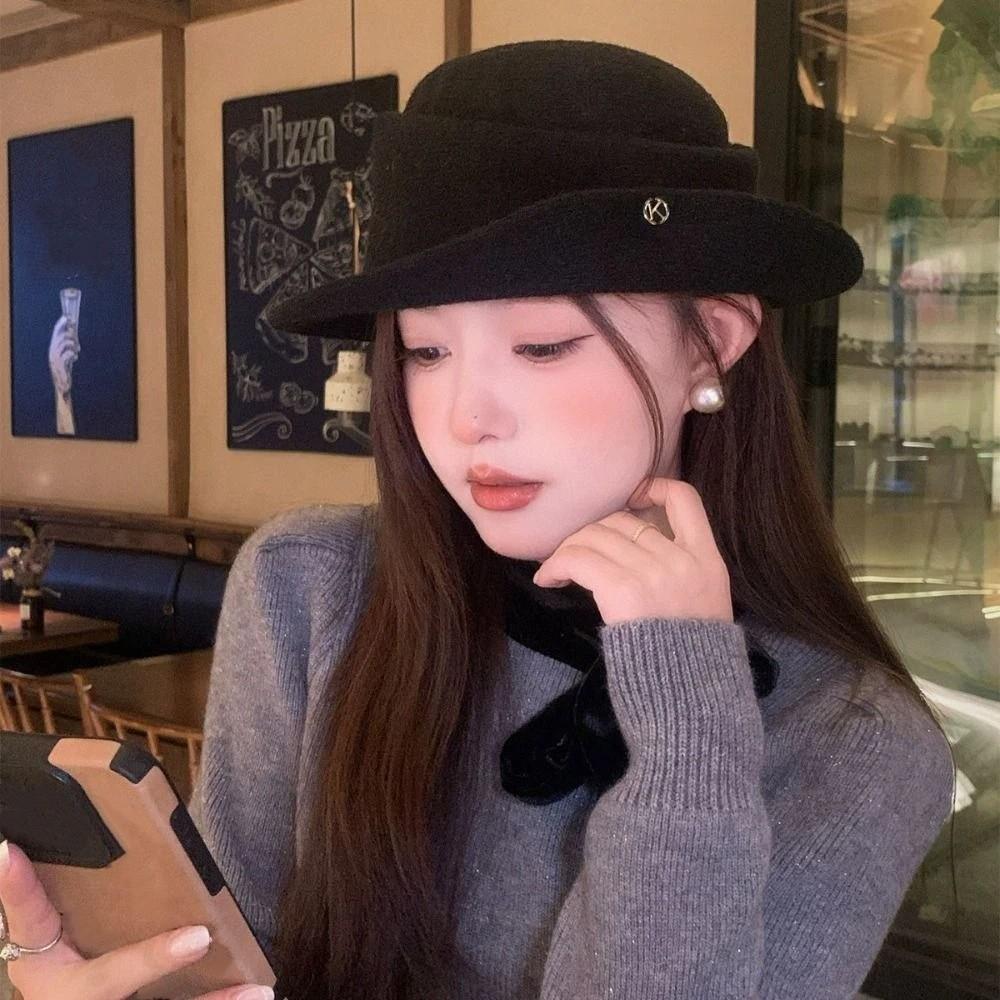 Woolen Hepburn Style Flat-top Cap Elegant Women Jazz Hat Vintage Black Felt Hat  Dinner