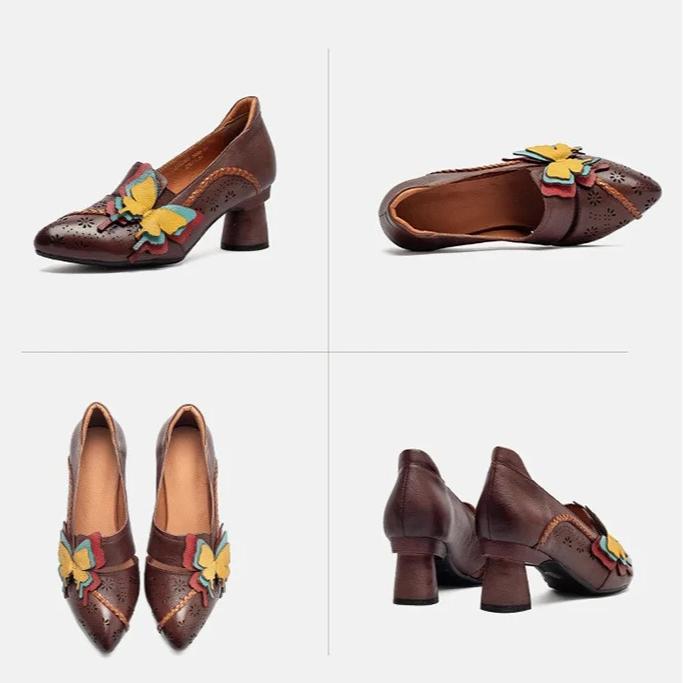 Johnature Retro High Heels Genuine Leather Shallow Commuter Versatile Women's Shoes