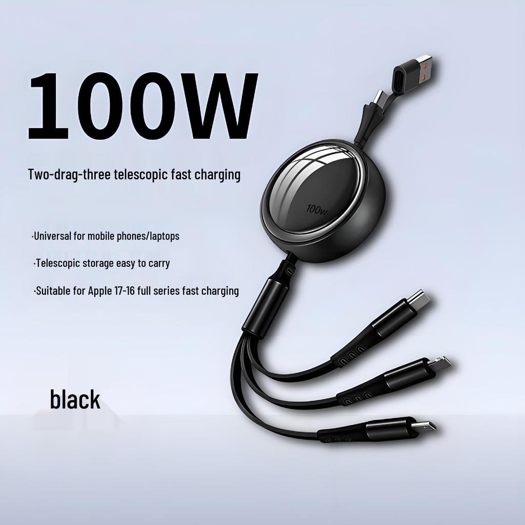 100W Fast-Charging Retractable Data Cable for Apple, Huawei, Android Type-C Devices