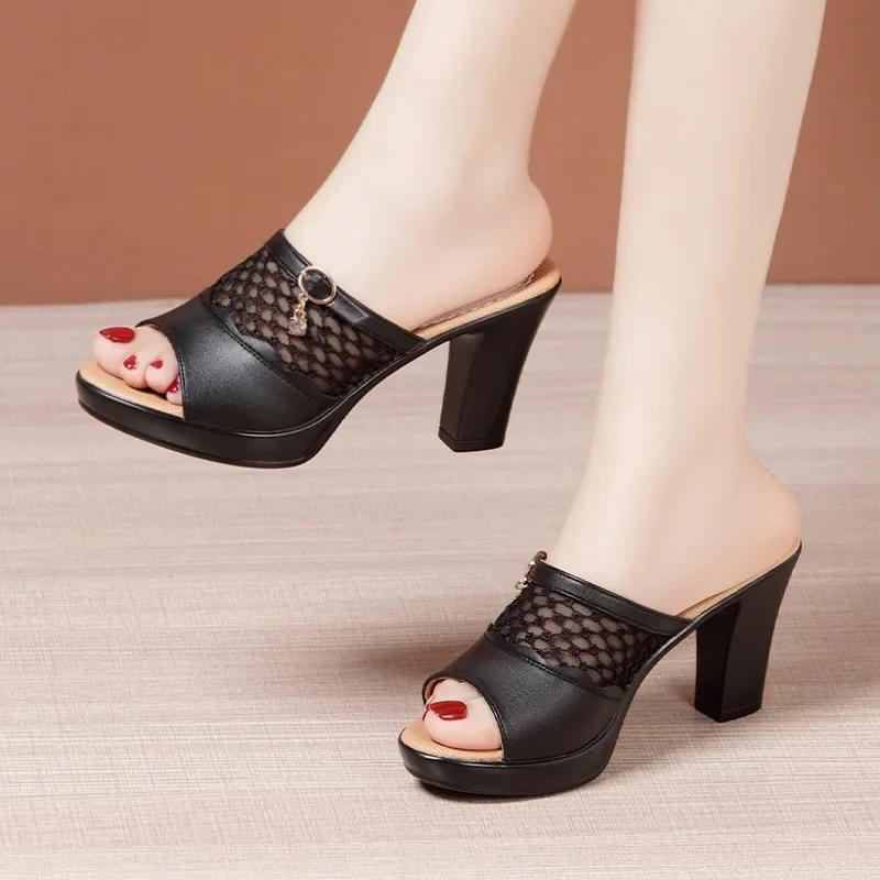 8cm 10cm Small Size 32-43 Cutout Mesh Leather Slippers Women Platform Shoes 2025 Summer Block High Heels Slides for Office MOdel