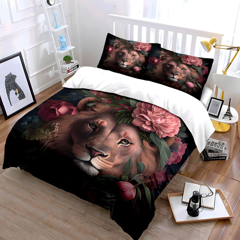 Floral Lion Decor Set Artwork Exquisite Three-Piece Bedding Set Gift For Kids And Adults